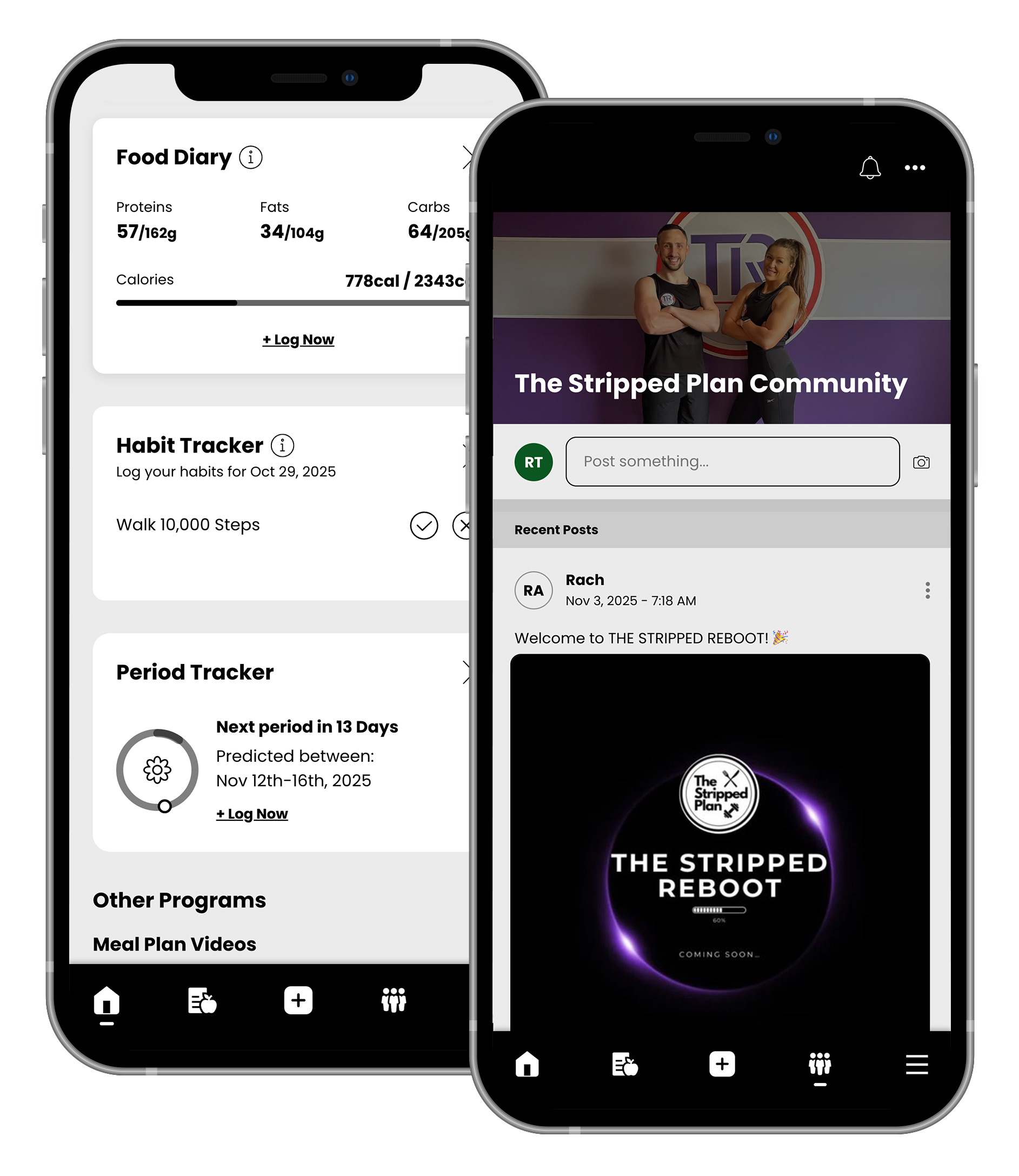 Two smartphones displaying a fitness app with food plans, a habit tracker, and a community feed.