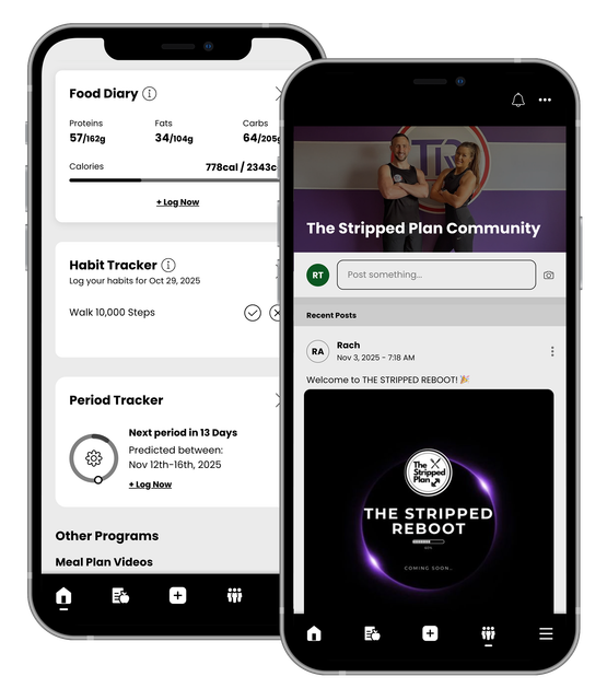 Two smartphones displaying a fitness app with food plans, a habit tracker, and a community feed.