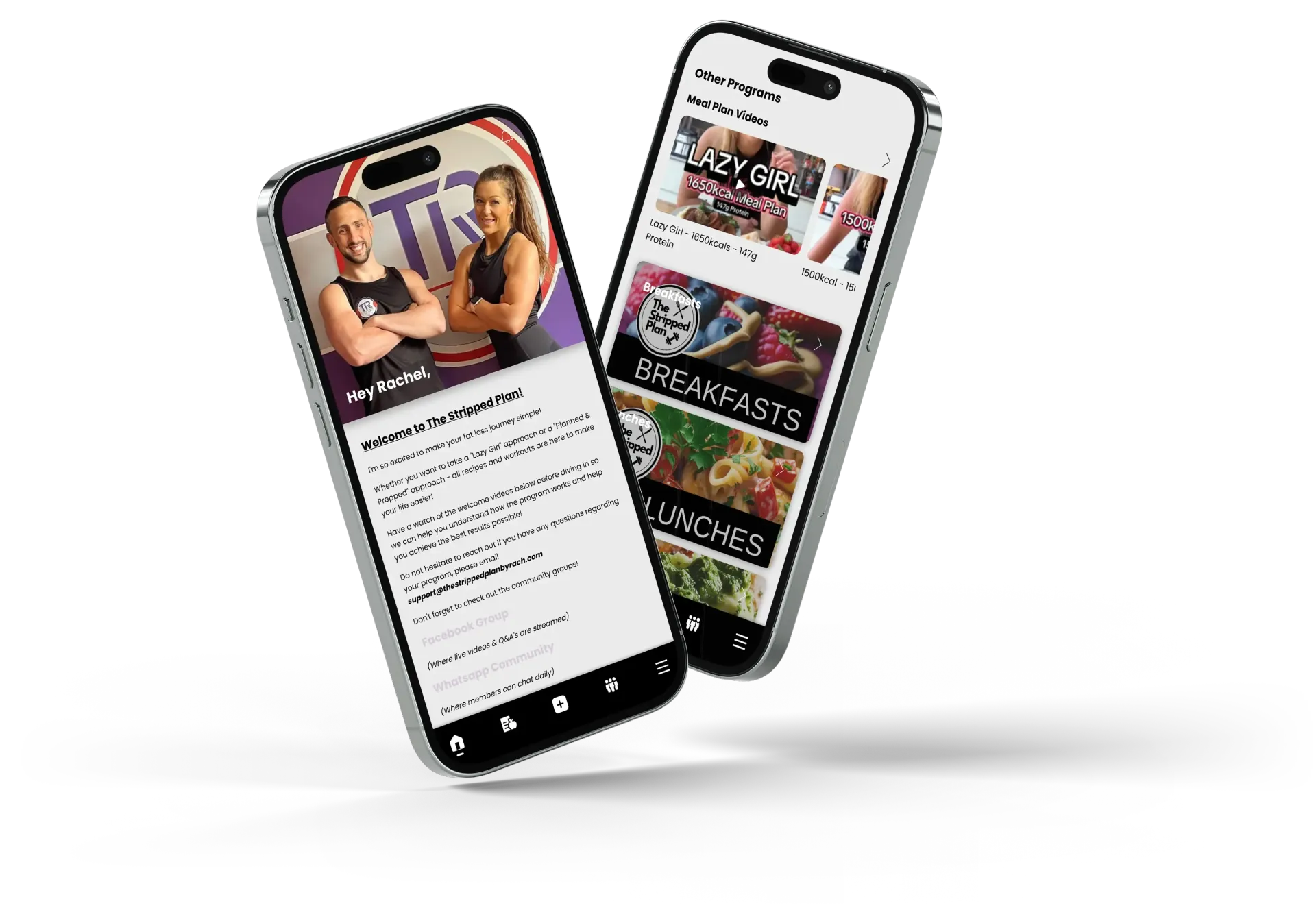 Two smartphones displaying fitness app interface.