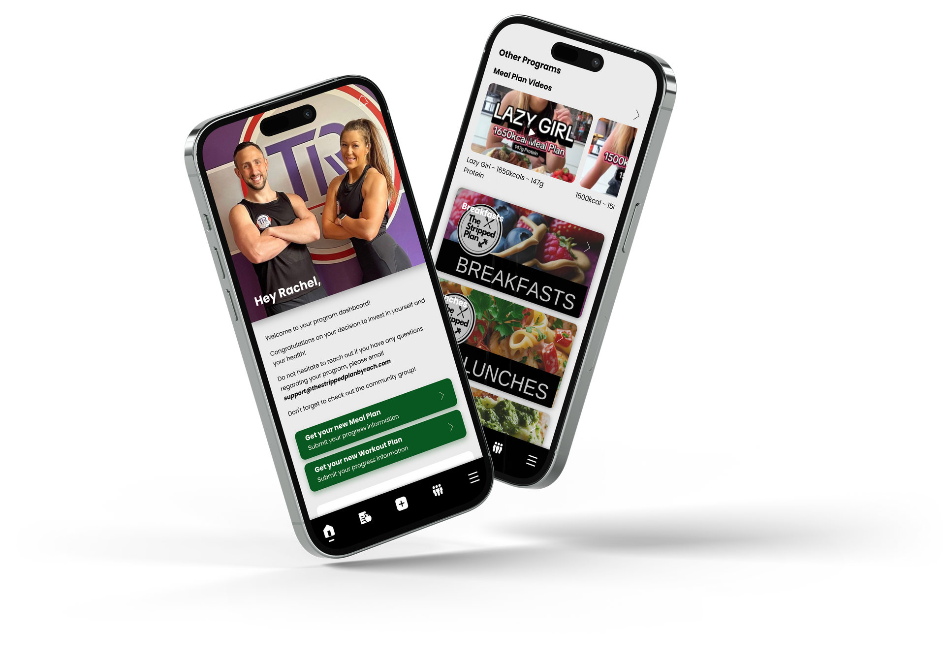 Two smartphones displaying fitness app interface.