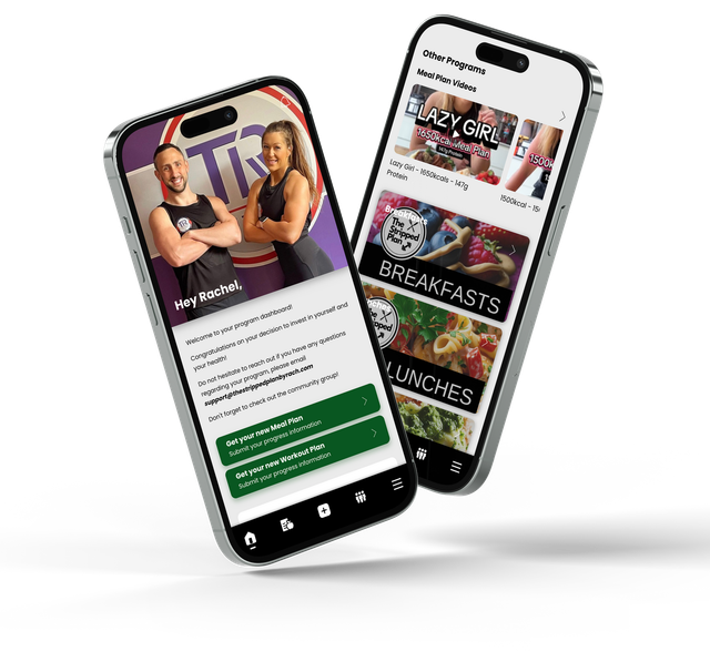Two smartphones displaying a fitness app: One with a trainer, the other with recipe options.