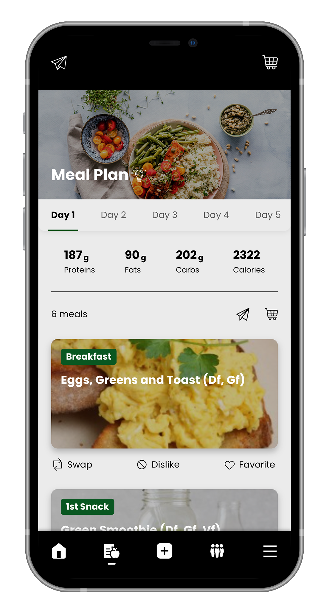 Mobile app showing a meal plan with calorie and macronutrient breakdown; a breakfast option is displayed.