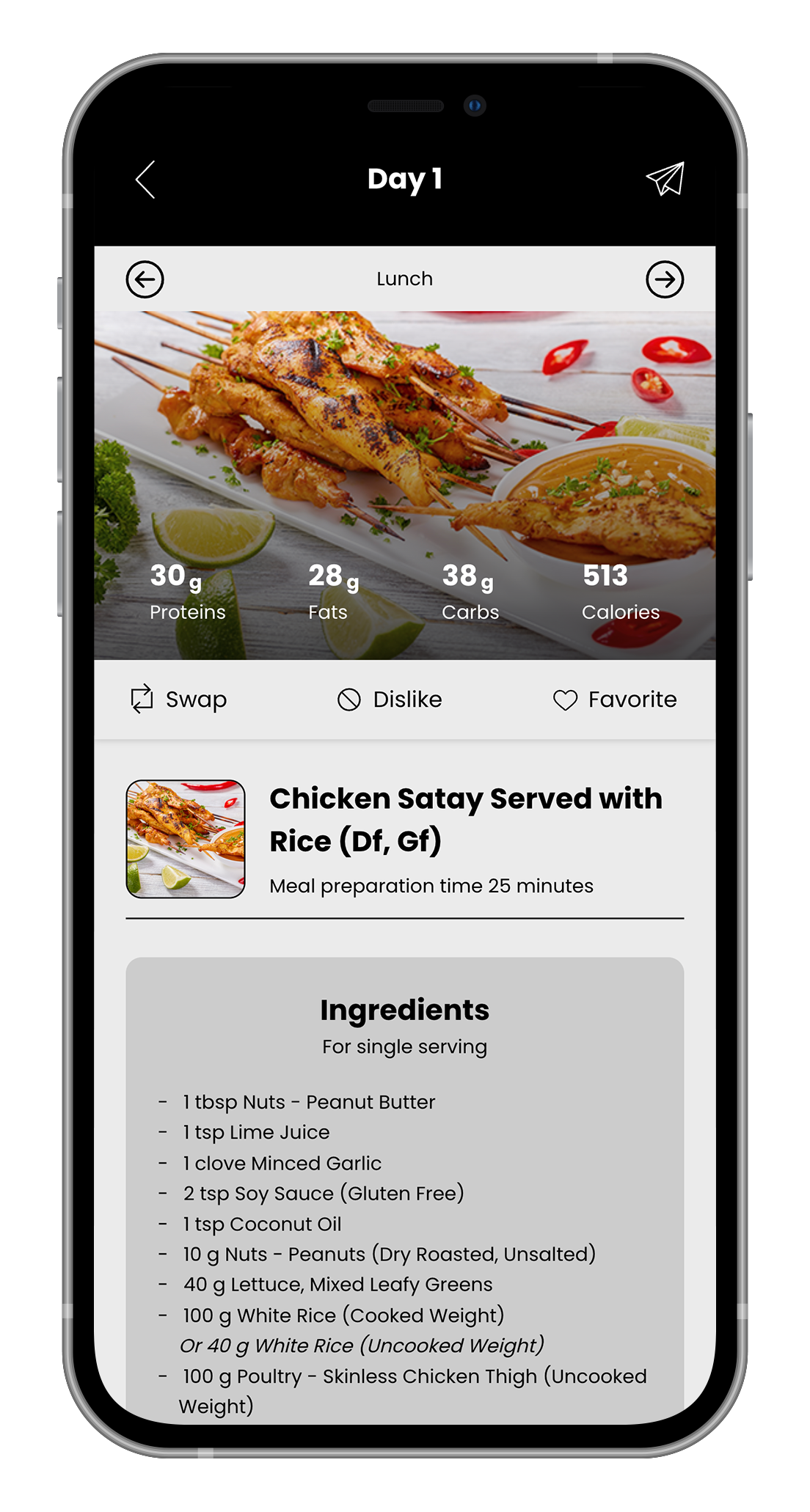 Smartphone app: recipe for Chicken satay served with rice, showing calorie information and ingredient list.