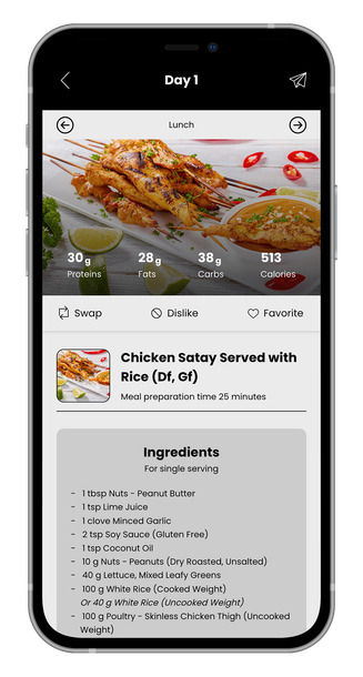 Smartphone app: recipe for Chicken satay served with rice, showing calorie information and ingredient list.