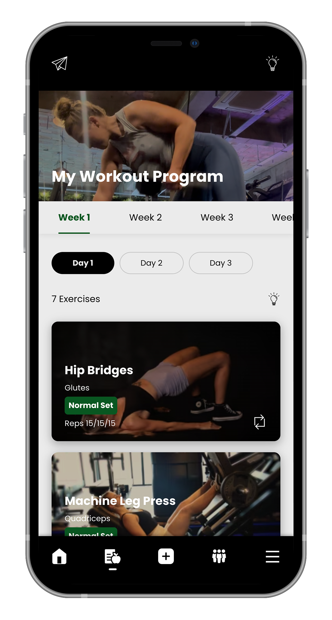 Smartphone displaying a workout app with exercise videos.