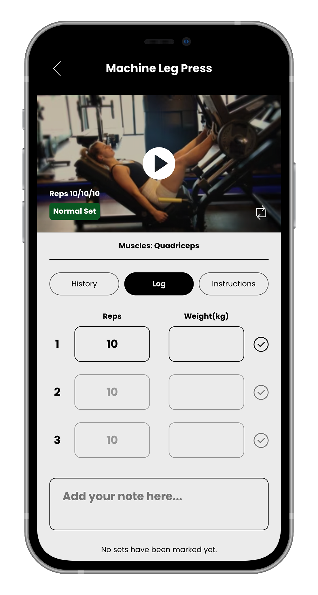 Mobile app showing leg press exercise, video with rep and weight input fields.
