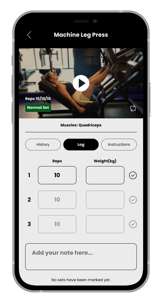 Mobile app showing leg press exercise, video with rep and weight input fields.