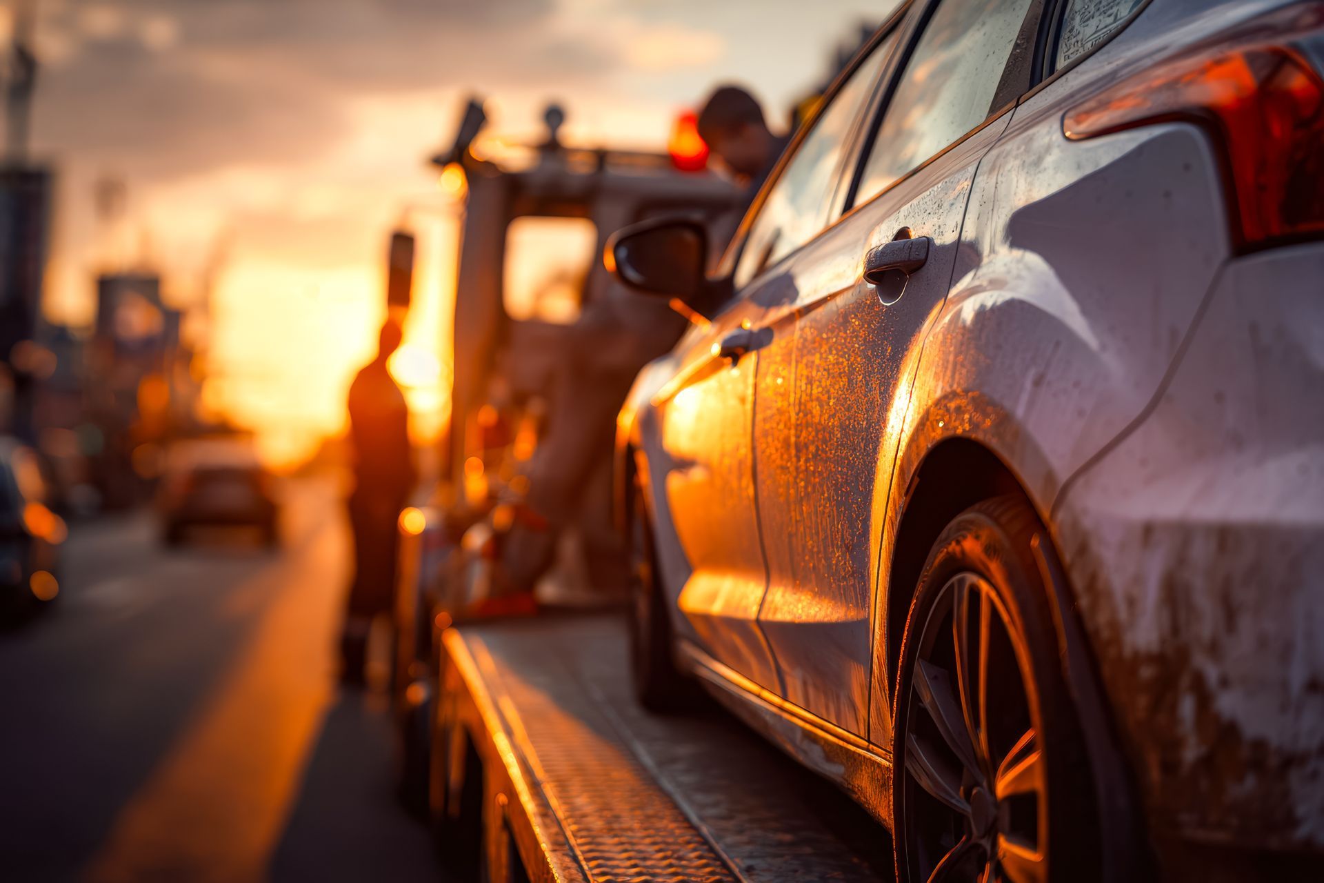 A white car being towed by a tow truck at sunset.
