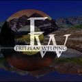 A logo for fritzlan welding with mountains in the background