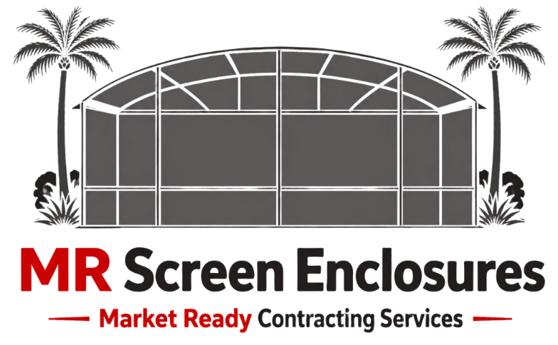 Logo for MarketReady MR Screen Enclosures and Repairs featuring a black and red house icon over company text.