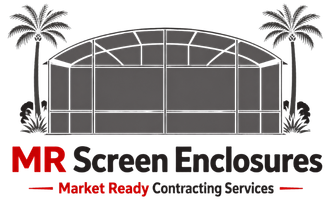 Logo for MarketReady MR Screen Enclosures and Repairs featuring a black and red house icon over company text.