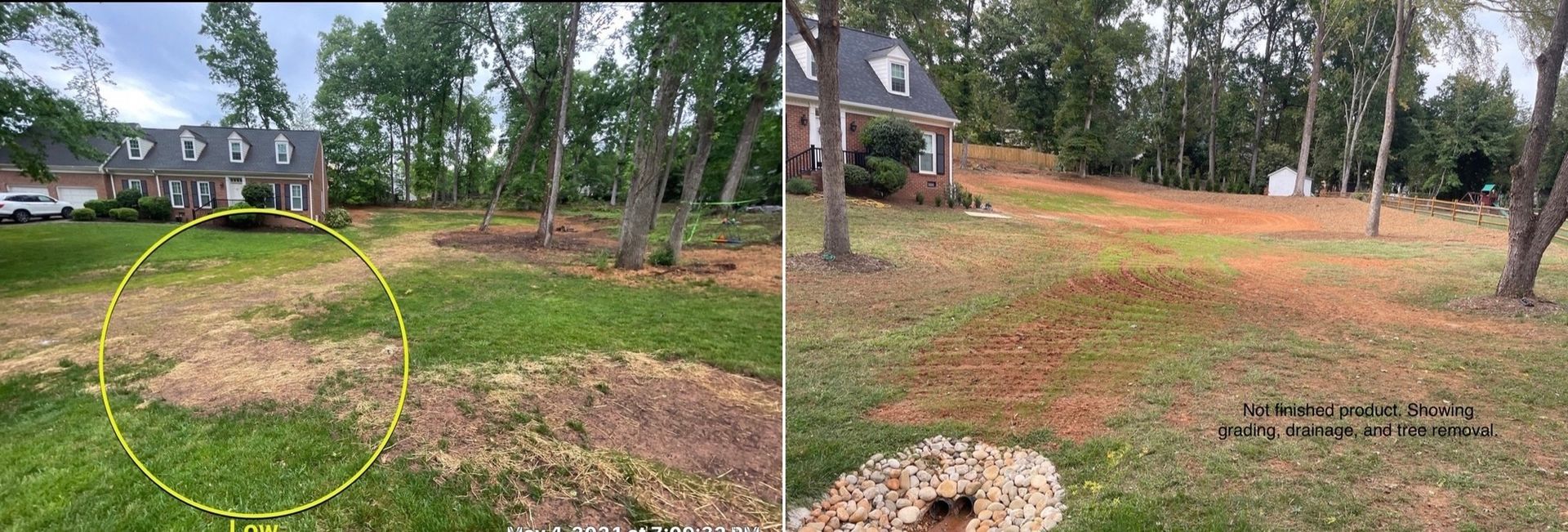 A before and after picture of a lawn with a house in the background.