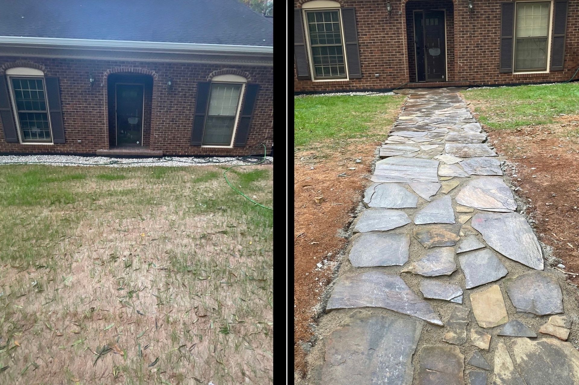 A before and after picture of a stone walkway in front of a brick house.