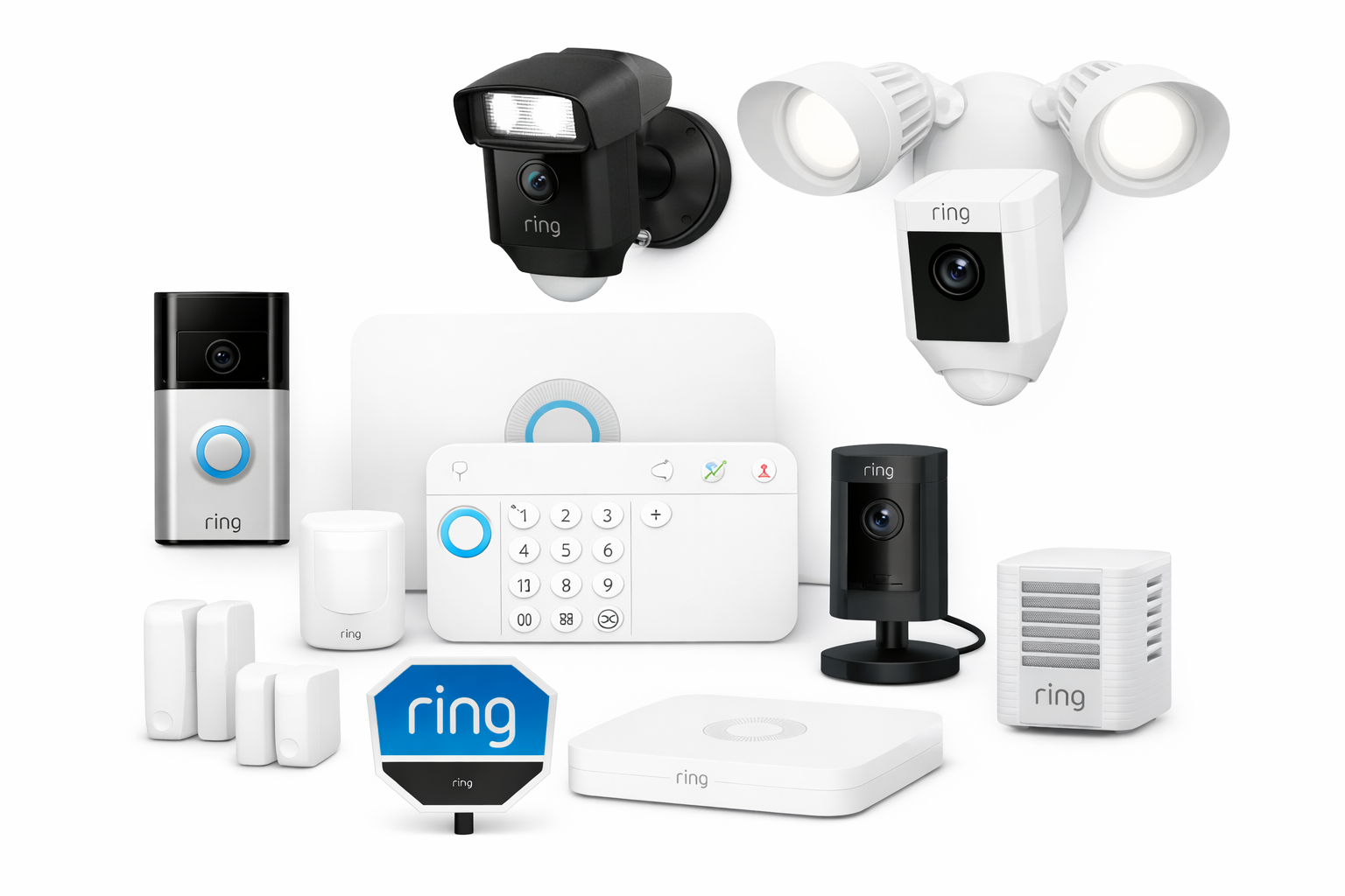 A collection of Ring home security products including cameras, a doorbell, alarm keypad, sensors, and a yard sign.