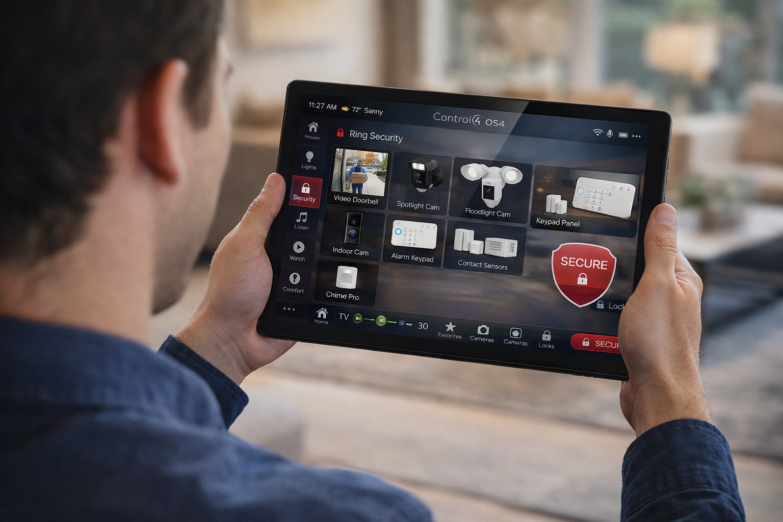 A person holds a tablet displaying a home security smart device interface, with multiple camera views and system controls.