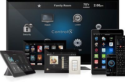 Smart home devices display: TV, tablets, phone, remote, light switch, with interface showing security, media, and settings.