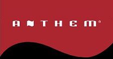 Logo for Anthem, white text on a red background with a black curved design at the bottom.