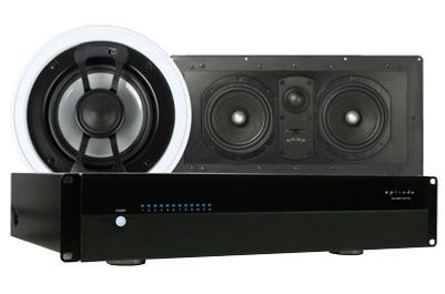 Speakers and amplifier: ceiling speaker, in-wall speaker, and black amplifier.