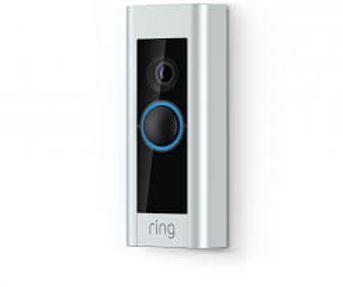 White Ring video doorbell with camera and blue illuminated button.