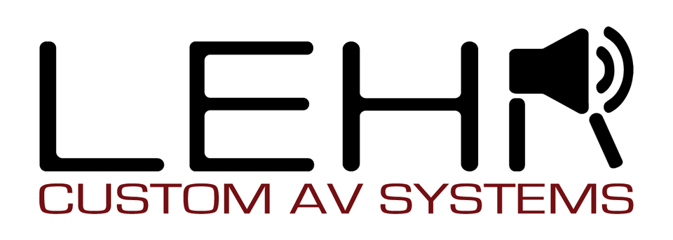 Logo for LEHR Custom AV Systems. Black text "LEHR" with speaker graphic, below in brown "CUSTOM AV SYSTEMS."