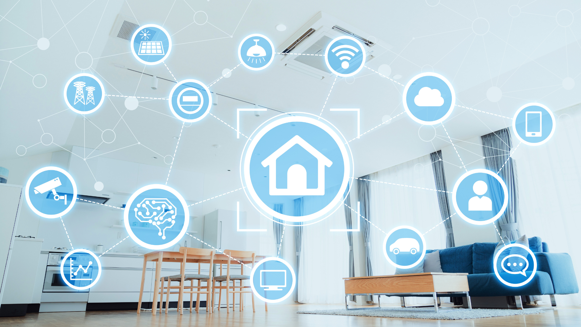 Smart home interior with connected devices represented by glowing icons.