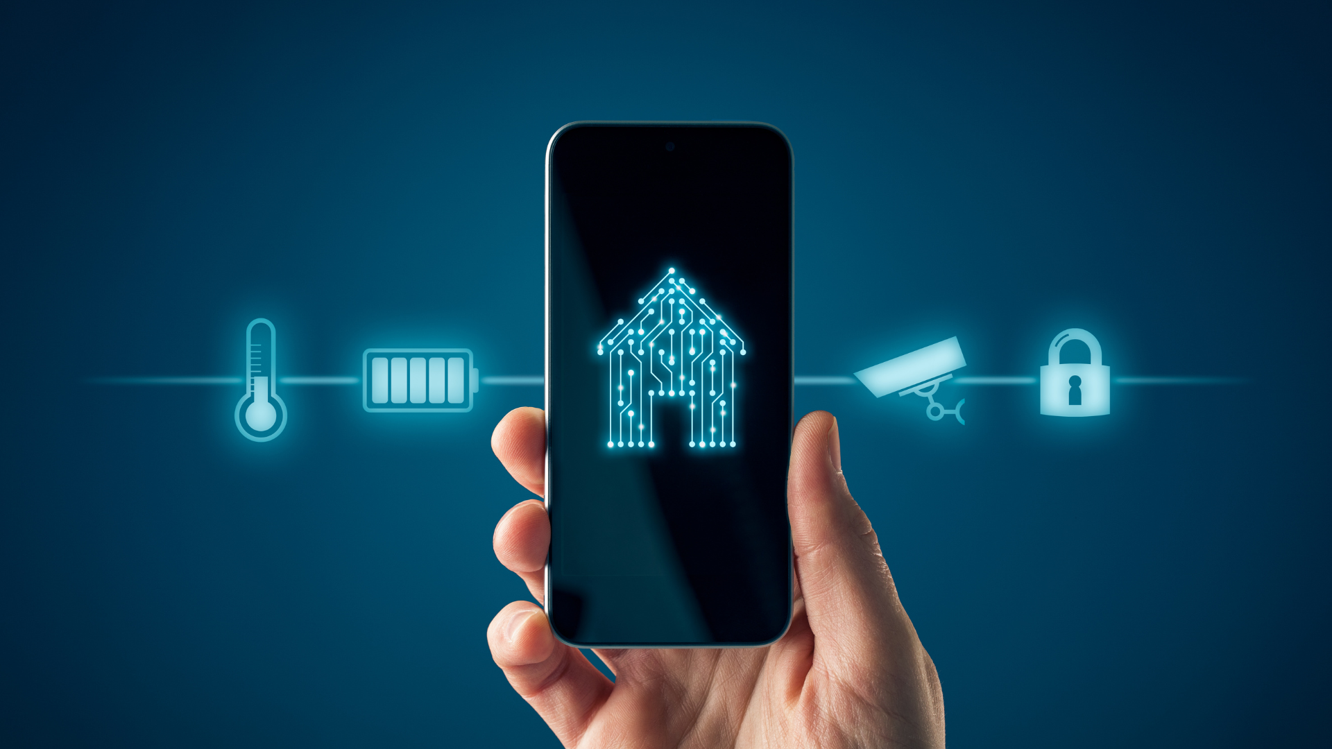 Hand holding smartphone with home automation icons: temperature, battery, camera, and lock.