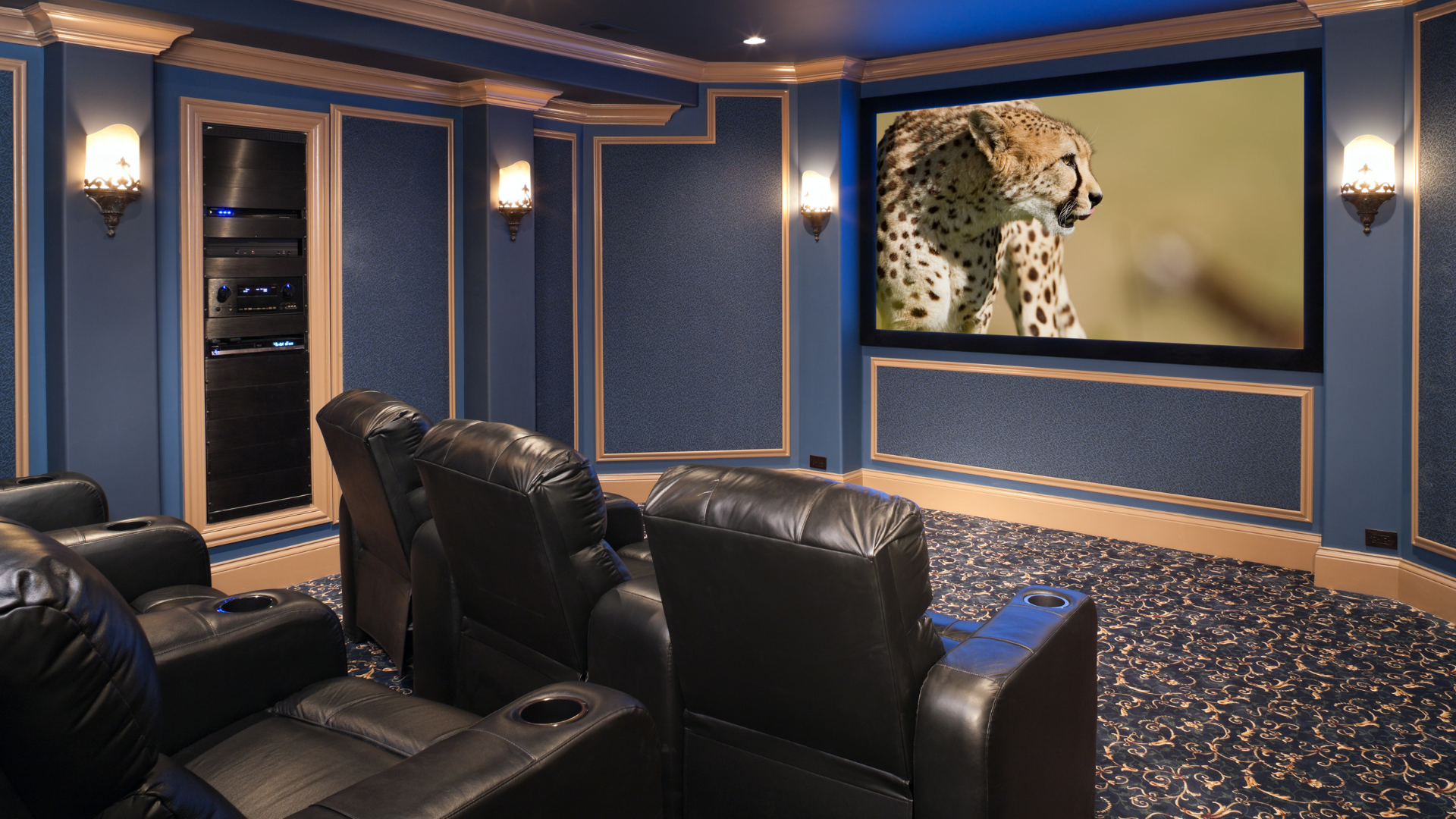 Home theater with large screen showing a cheetah, black leather recliners, and blue walls.