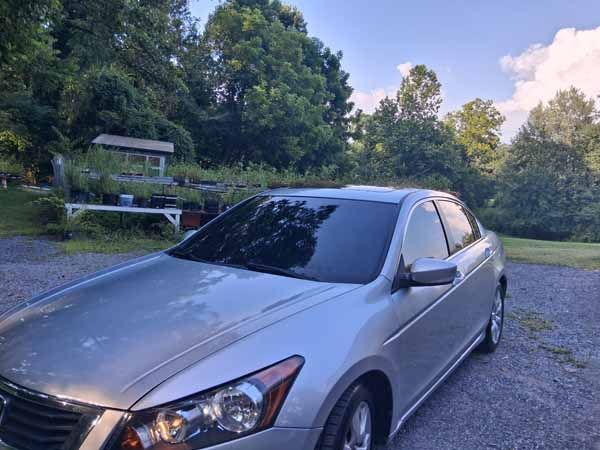 Silver sedan with tinted windows parked outside, surrounded by trees and greenery.