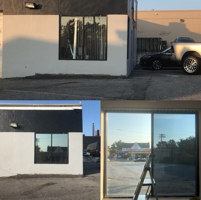 Four photos: Exterior of a building with a black car and truck. Tinted windows reflect surroundings.