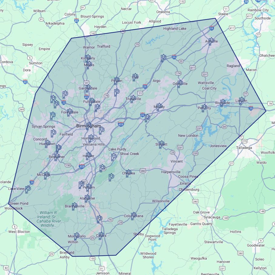A map of a large area with a blue circle around it.