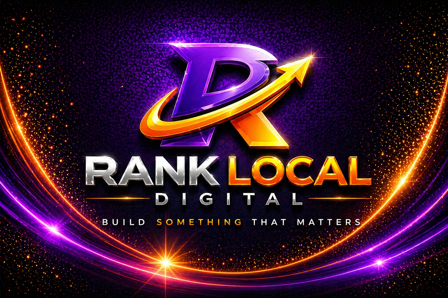 Purple and gold RANK DIGITAL logo on a black background with glowing orange arcs and sparks