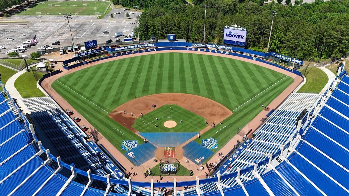 An aerial view of Hoover Met baseball stadium with blue seats.