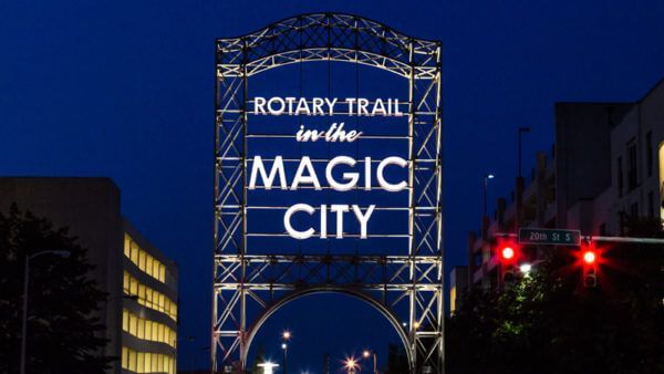 A sign that says rotary trail in the Birmingham magic city