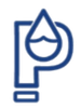 A blue icon of a letter p with a drop of water on it.