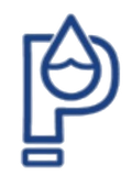 A blue icon of a letter p with a drop of water on it.