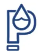 A blue icon of a letter p with a drop of water on it.