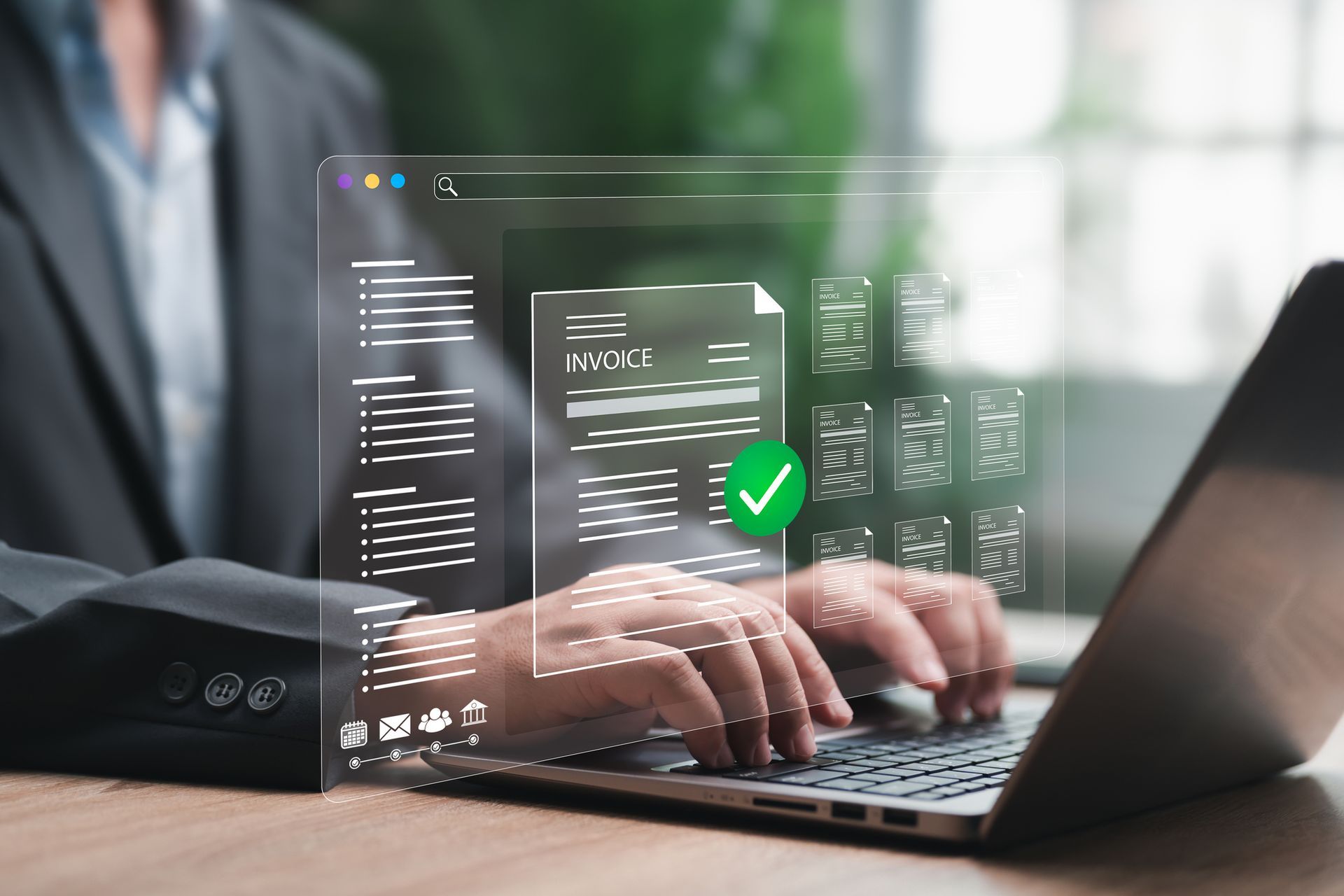 Person in a suit working on a laptop, with a digital document overlay showing a checkmark, likely for invoice approval.
