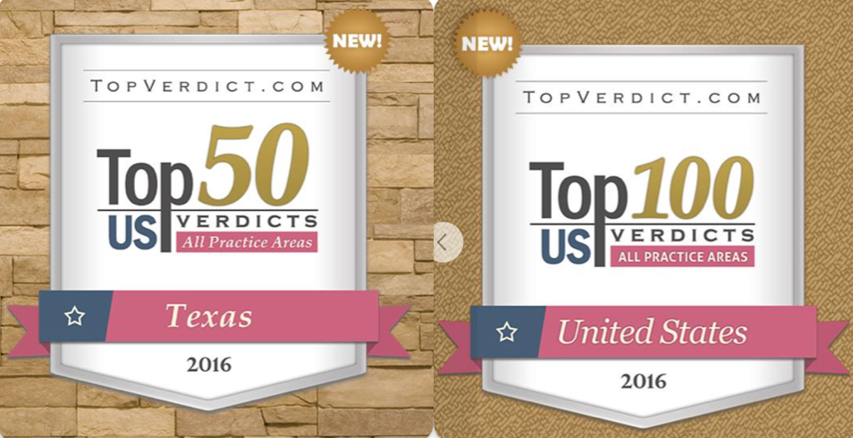 Logos indicating Texas Board of Legal Specialization; Top 50 in Texas, Top 100 in US, for criminal law.