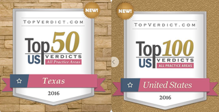 Logos indicating Texas Board of Legal Specialization; Top 50 in Texas, Top 100 in US, for criminal law.