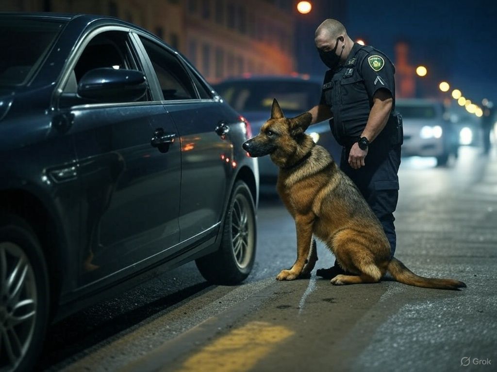 A police K9 unit sniffing a car during a traffic stop as officers observe, illustrating how drug det