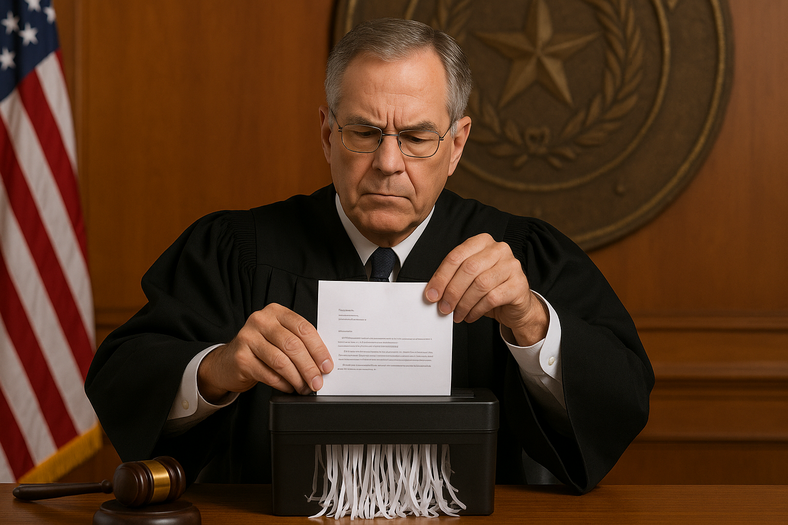Judge in black robes shreds a document in a courtroom with a gavel and an American flag.