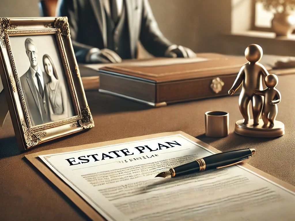 A man is sitting at a desk with an estate plan and a picture of a family.