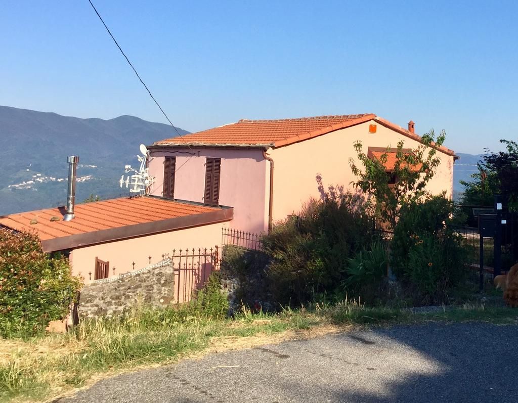 ein rosa Haus mit einem roten Dach sitzt auf einem Hügel