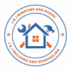 Logo for J & J Windows and Doors/Building and Remodeling featuring a house icon with a wrench and hammer in blue and orange.