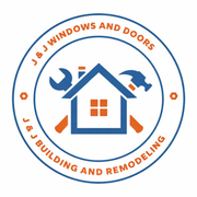 Logo for J & J Windows and Doors/Building and Remodeling featuring a house icon with a wrench and hammer in blue and orange.