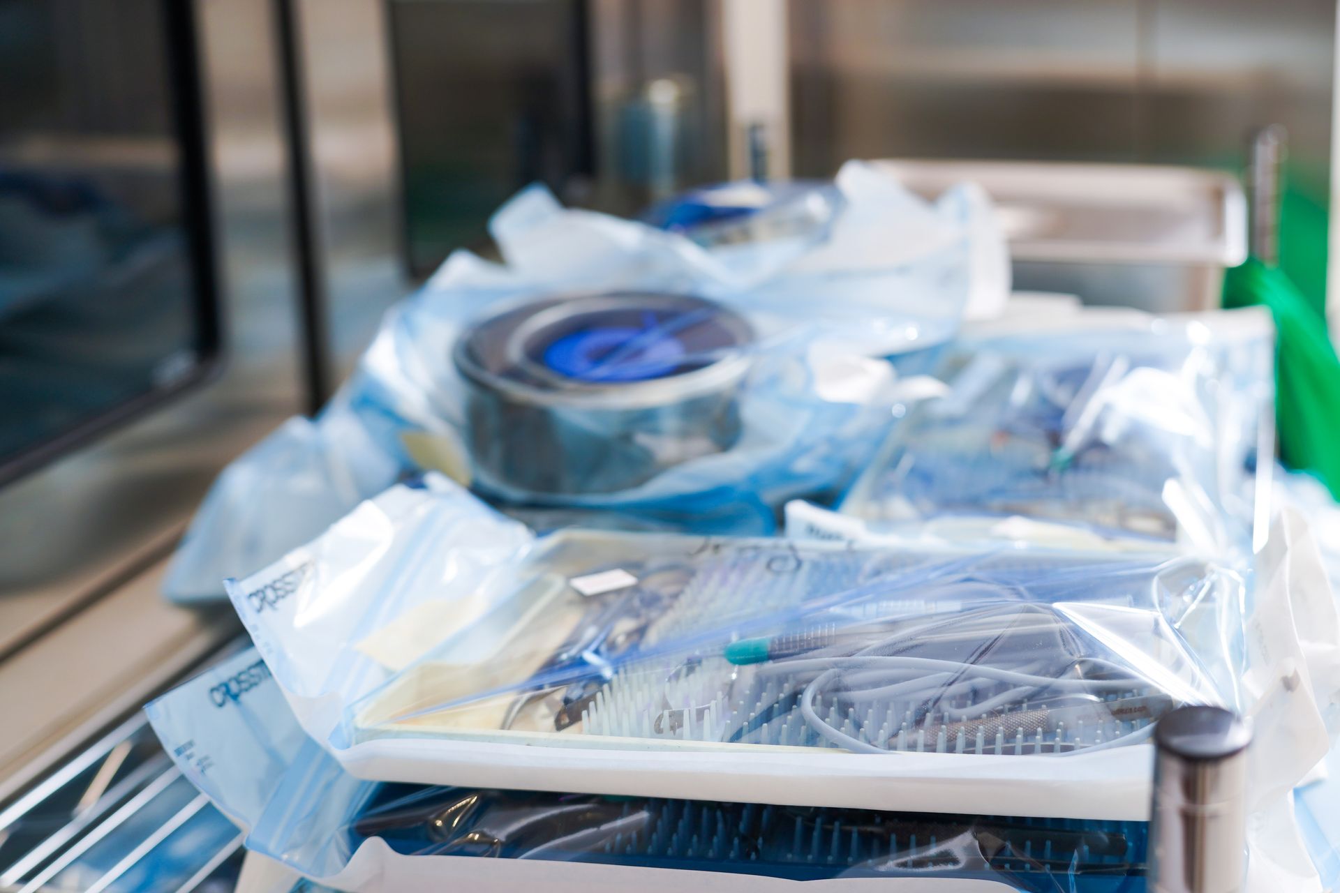 Medical supplies in sterile packaging at Lenza Surgical Center in San Antonio, Texas