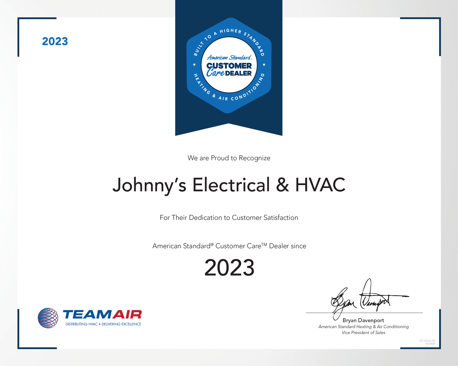 American Standard Certificate — Kingsport, TN — Johnny's Electrical & HVAC