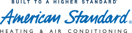 American Standard logo with blue script text and the tagline “Built to a Higher Standard” above and “Heating & Cooling” below