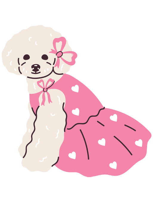 A white poodle is wearing a pink dress with hearts on it.