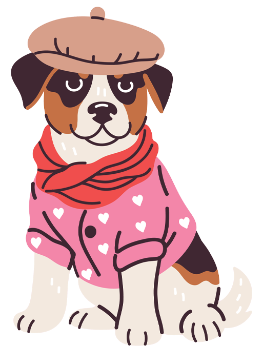 A brown and white dog wearing a hat and scarf is sitting down.